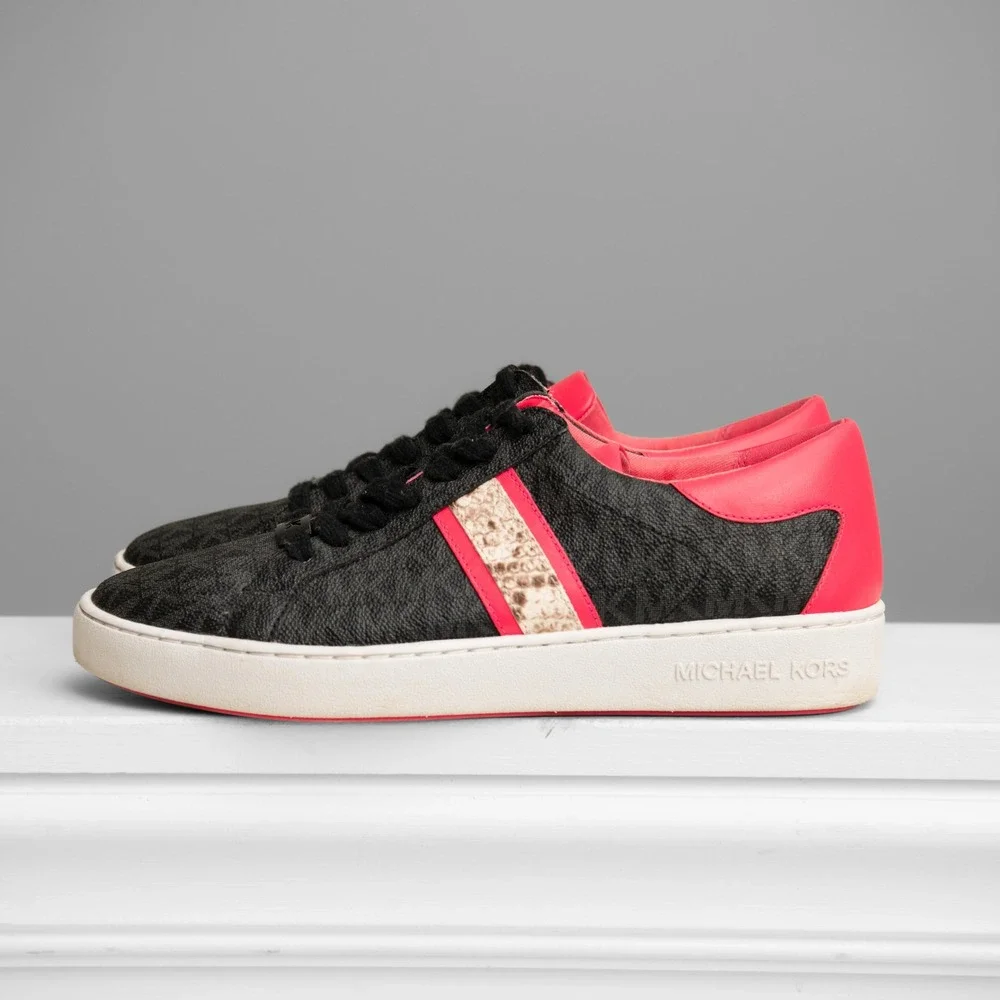 Michael Kors Shoes Sz 9 Black Monogram Hot Pink Snakeskin Stripe Sporty Sneakers